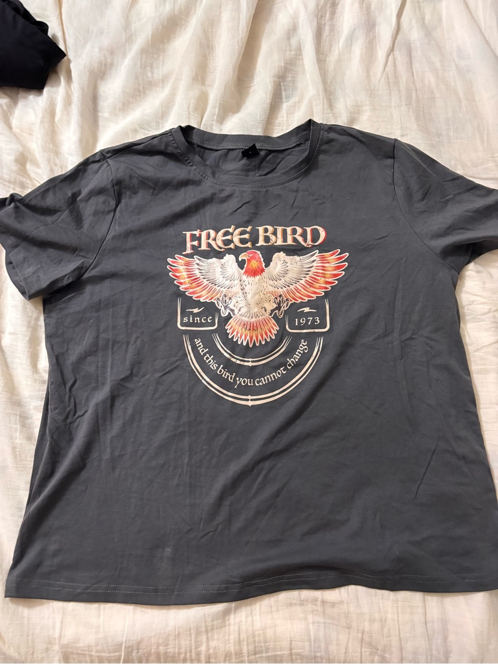 SHEIN Charcoal Tee with Red & Cream Bird Graphic